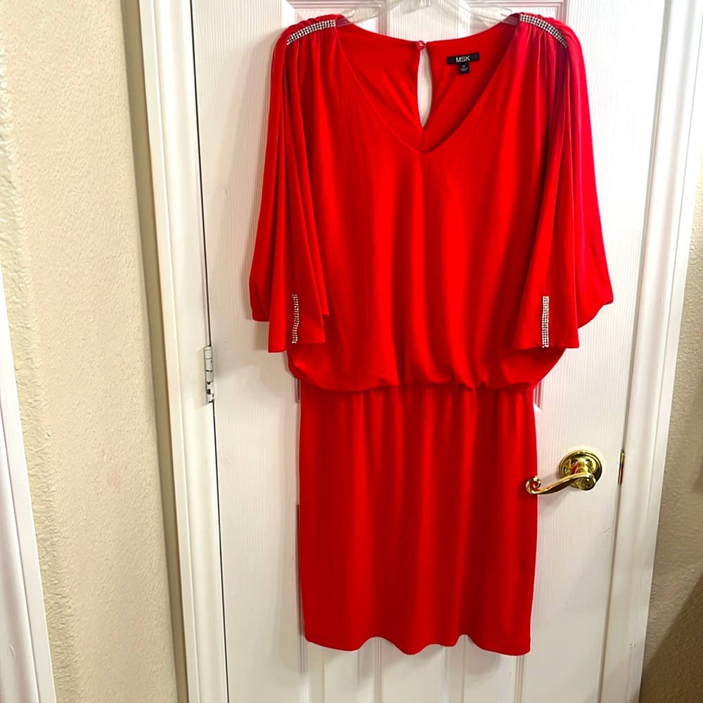 MSK Elegant Rhinestone Evening Dress burn orange size 10. Slit sleeves